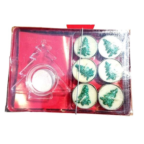 Candles 12 Christmas Tree Design Tea Light Candles and 2 Christmas 3 1/2"  Tree - Picture 1 of 8